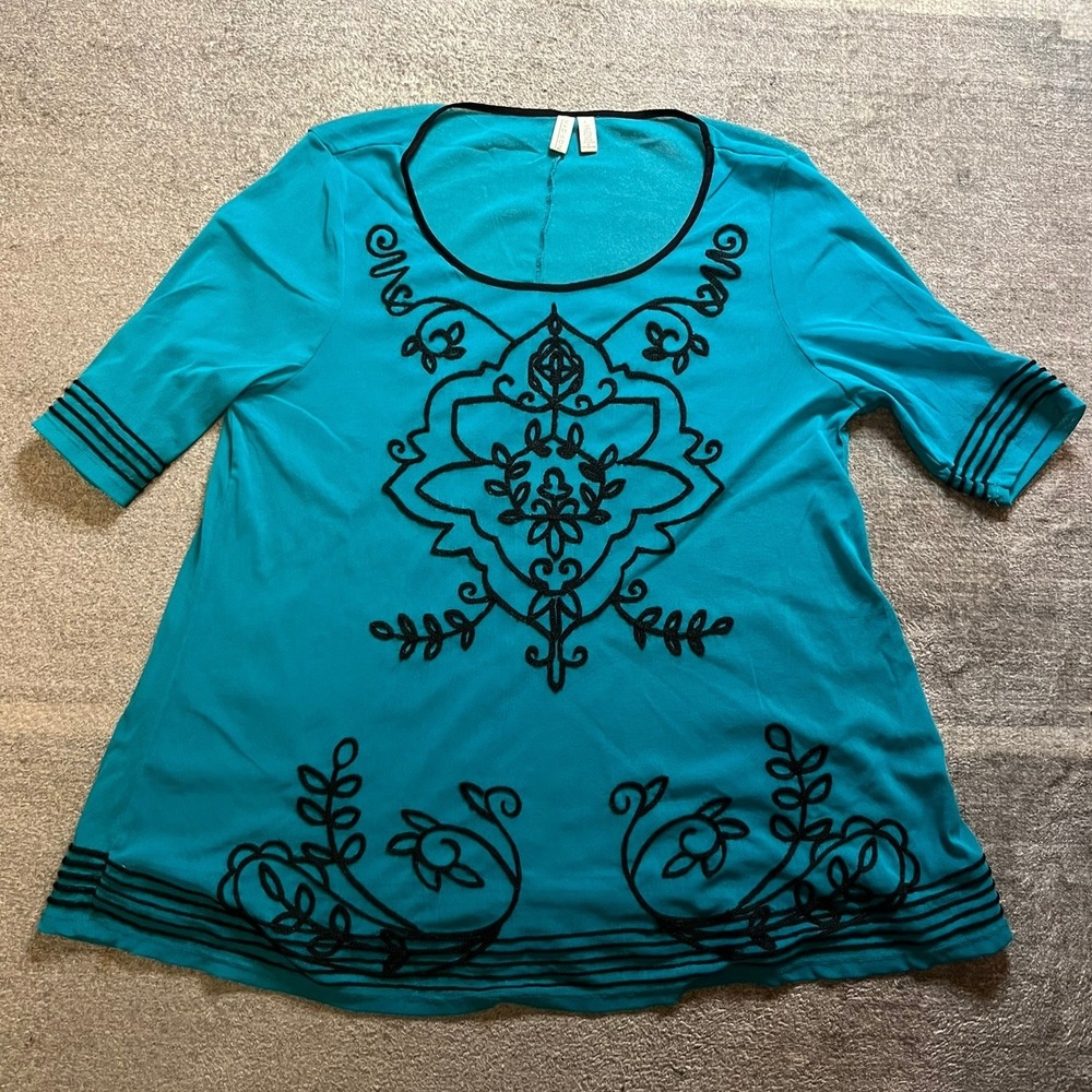 Madison Turquoise Blue Sheer Mesh Soutache Embroidered Tunic Top Large